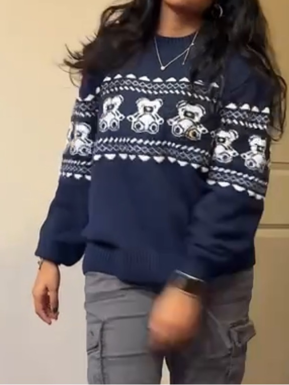 Hollister Navy Crewneck Sweater with White Fair Isle Bear Pattern